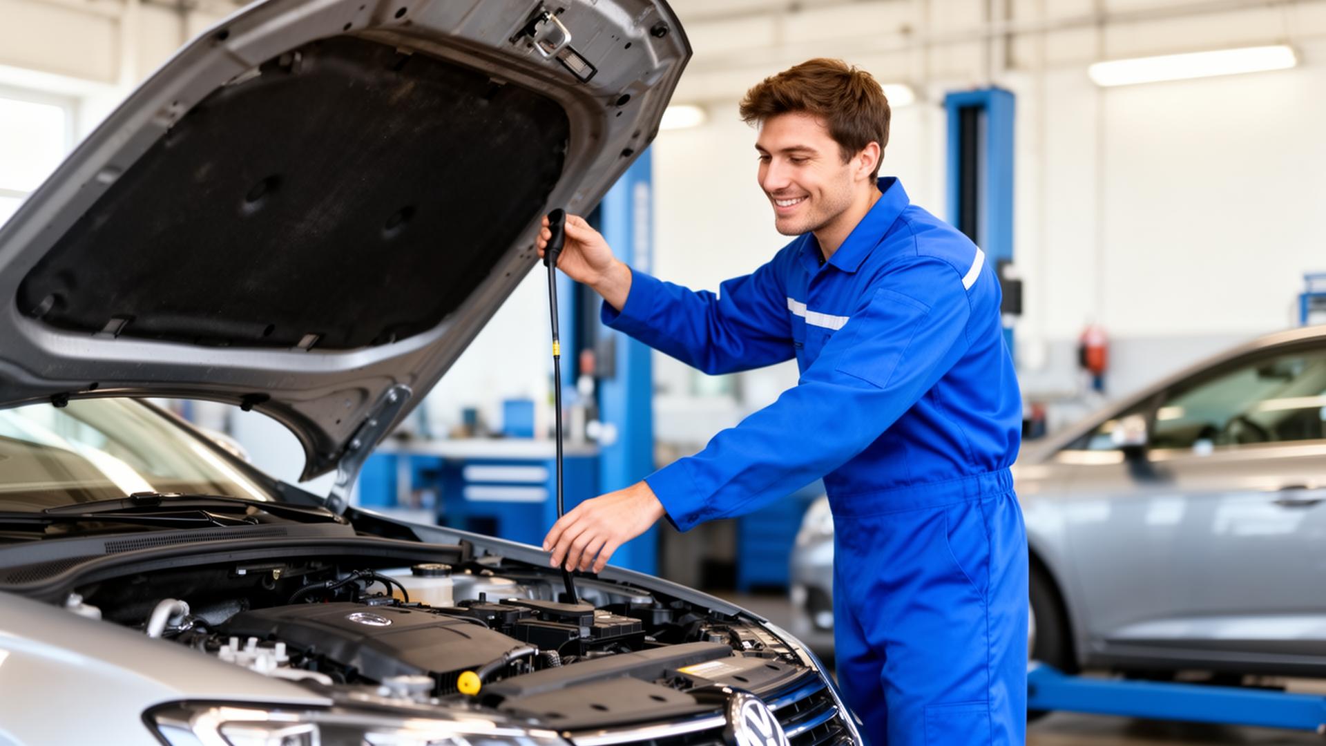 Automechanik kontroluje motor v moderním autoservise